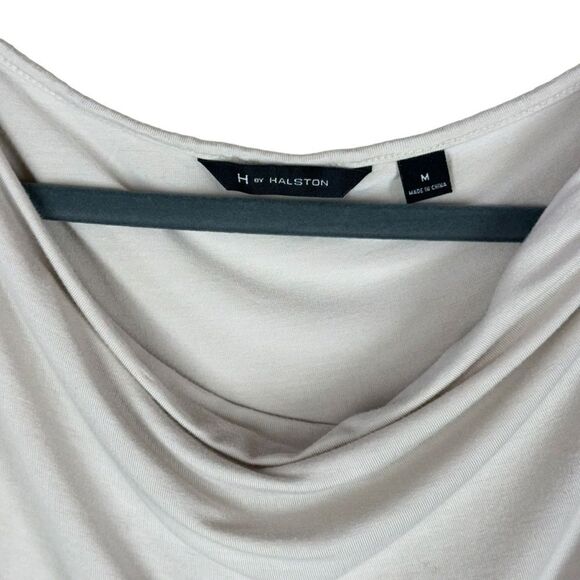 H by Halston Asymmetric Draped Jersey Top Drop Shoulder Ruched in Taupe Medium - Picture 5 of 7